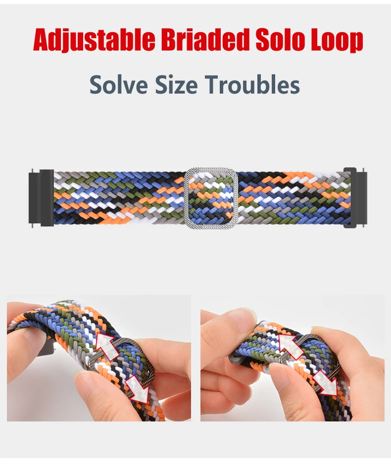 20/22 mm Band for Samsung Galaxy 46mm 42mm/Gear S3 frontier/active 2 Adjustable Braided Solo Loop Huawei watch GT/2/2e/Pro strap