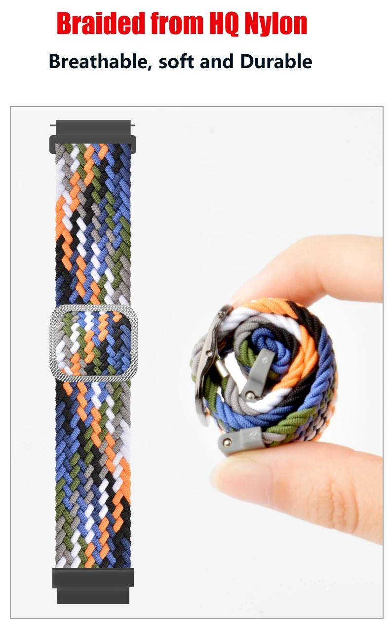 20/22 mm Band for Samsung Galaxy 46mm 42mm/Gear S3 frontier/active 2 Adjustable Braided Solo Loop Huawei watch GT/2/2e/Pro strap