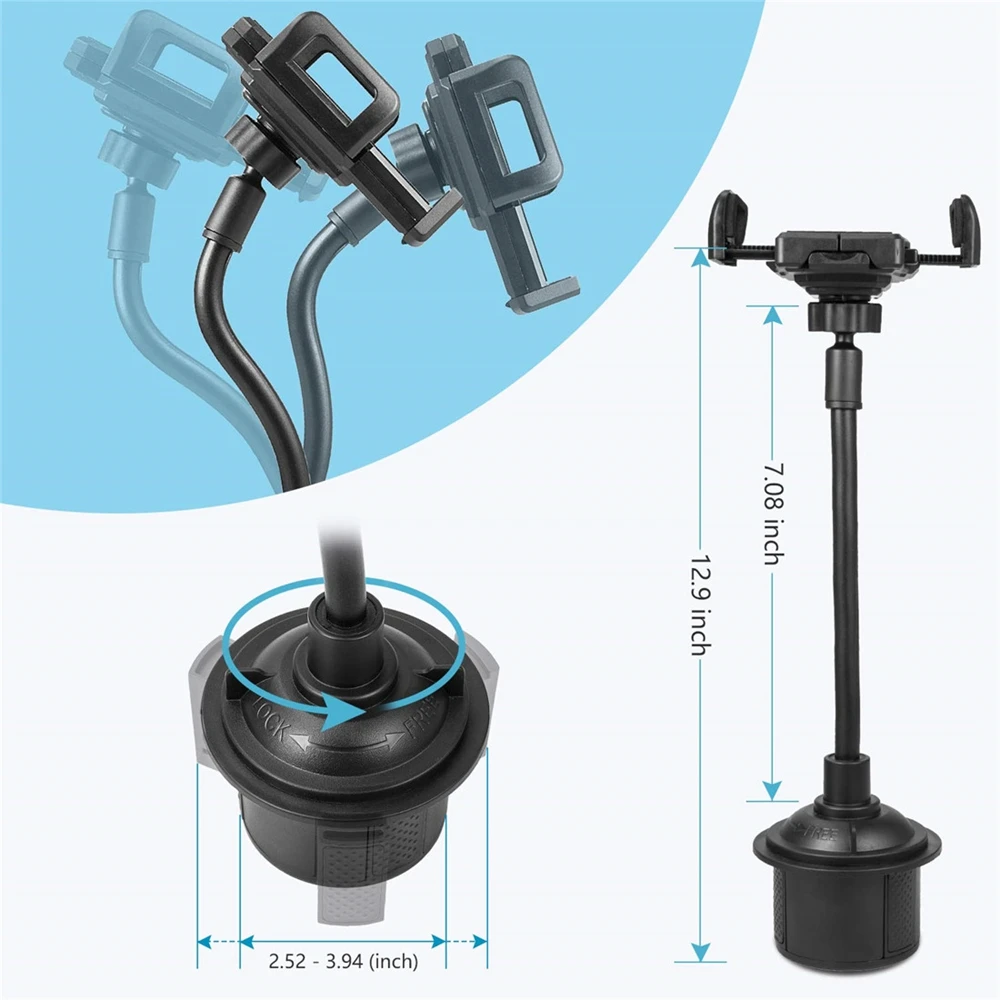 Car Cup Holder Phone Mount Flexible Gooseneck with 360° Adjustable Holder, Fits Phones up to 4.1” width, for Car SUV or Truck