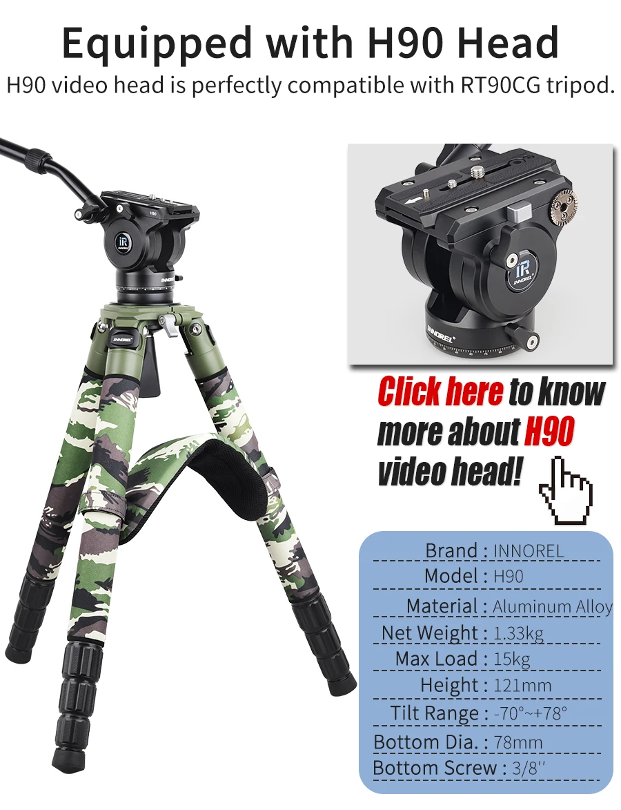 INNOREL RT90CG Camouflage Carbon Fiber Tripod 40mm Professional Birdwatching Heavy Duty Camera Stand 40kg Load for DSLR Cameras