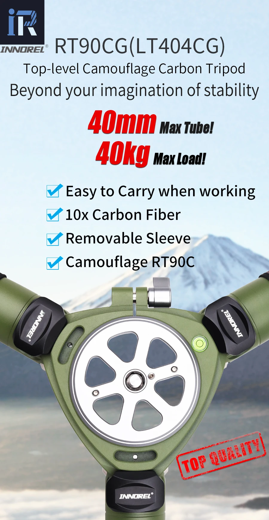 INNOREL RT90CG Camouflage Carbon Fiber Tripod 40mm Professional Birdwatching Heavy Duty Camera Stand 40kg Load for DSLR Cameras