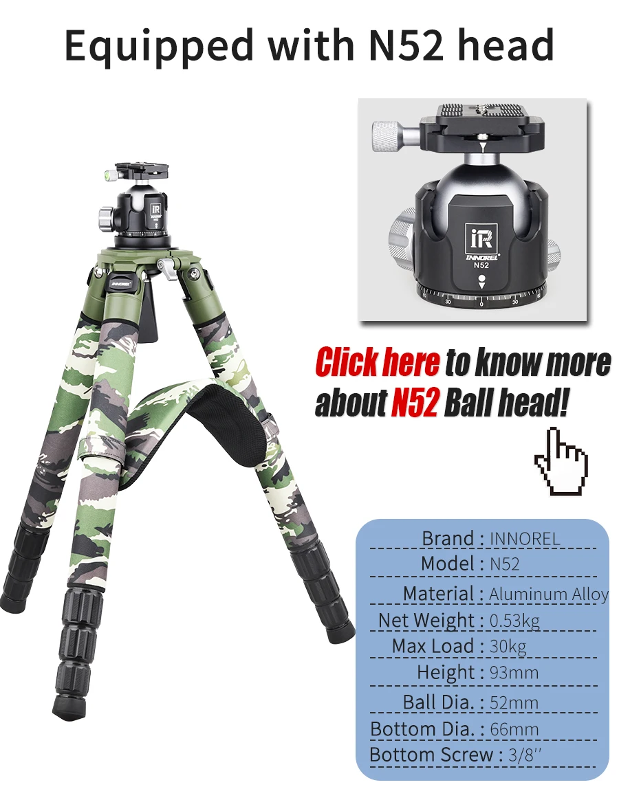 INNOREL RT90CG Camouflage Carbon Fiber Tripod 40mm Professional Birdwatching Heavy Duty Camera Stand 40kg Load for DSLR Cameras