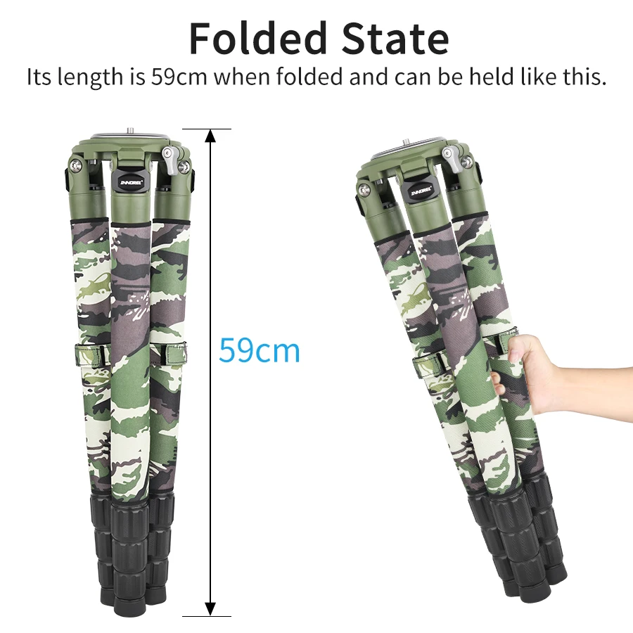 INNOREL RT90CG Camouflage Carbon Fiber Tripod 40mm Professional Birdwatching Heavy Duty Camera Stand 40kg Load for DSLR Cameras