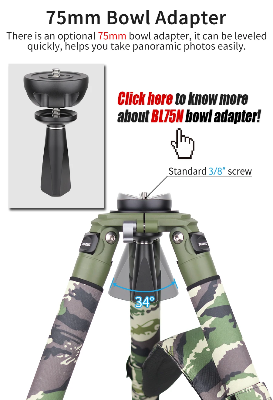 INNOREL RT90CG Camouflage Carbon Fiber Tripod 40mm Professional Birdwatching Heavy Duty Camera Stand 40kg Load for DSLR Cameras