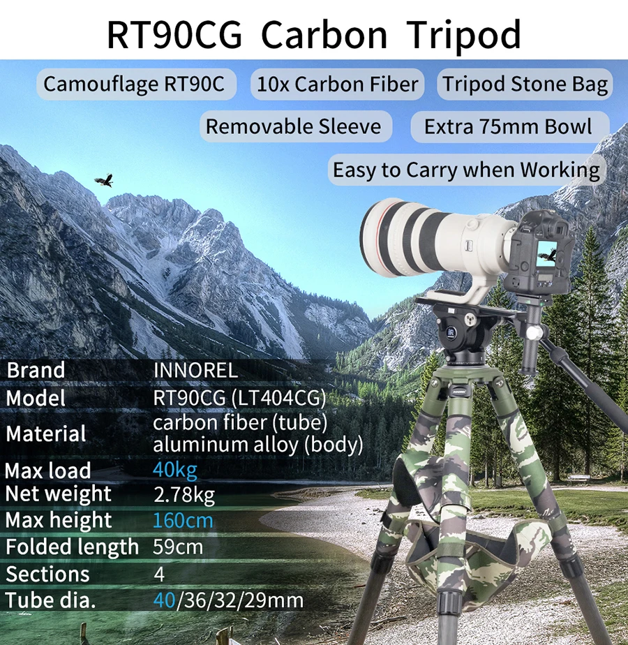 INNOREL RT90CG Camouflage Carbon Fiber Tripod 40mm Professional Birdwatching Heavy Duty Camera Stand 40kg Load for DSLR Cameras