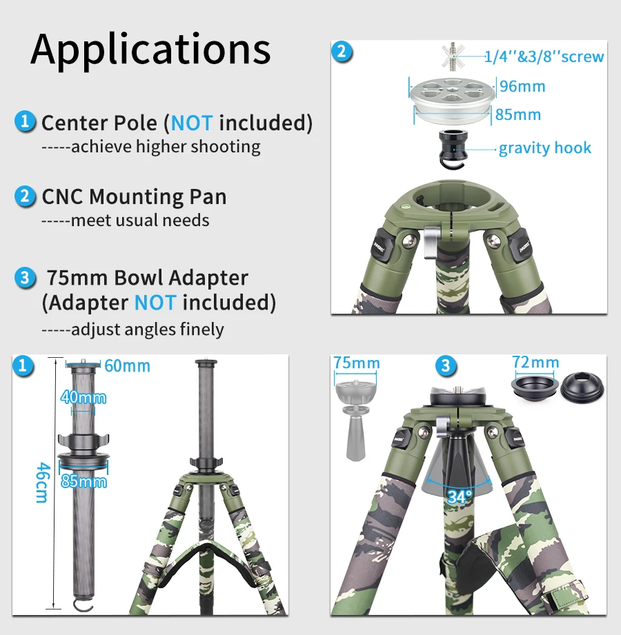 INNOREL RT90CG Camouflage Carbon Fiber Tripod 40mm Professional Birdwatching Heavy Duty Camera Stand 40kg Load for DSLR Cameras
