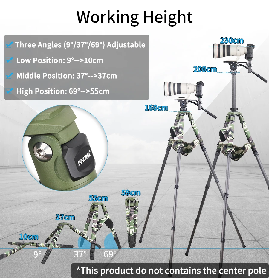INNOREL RT90CG Camouflage Carbon Fiber Tripod 40mm Professional Birdwatching Heavy Duty Camera Stand 40kg Load for DSLR Cameras