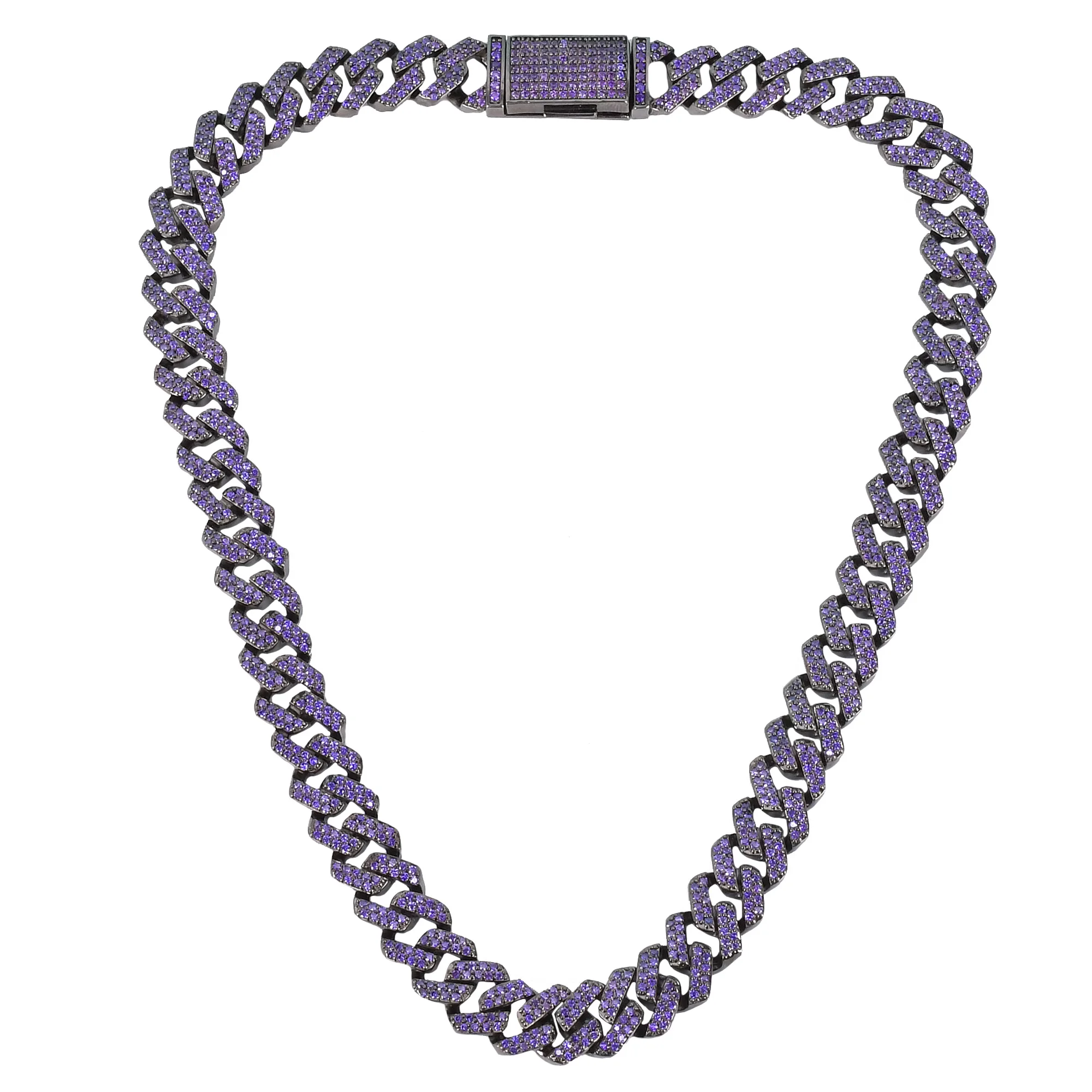 10MM Blue Zircon Miami Cuban Necklace Gun Black Color Plated Copper Chain Men's Hip Hop Link Bling Fashion Rock Jewelry