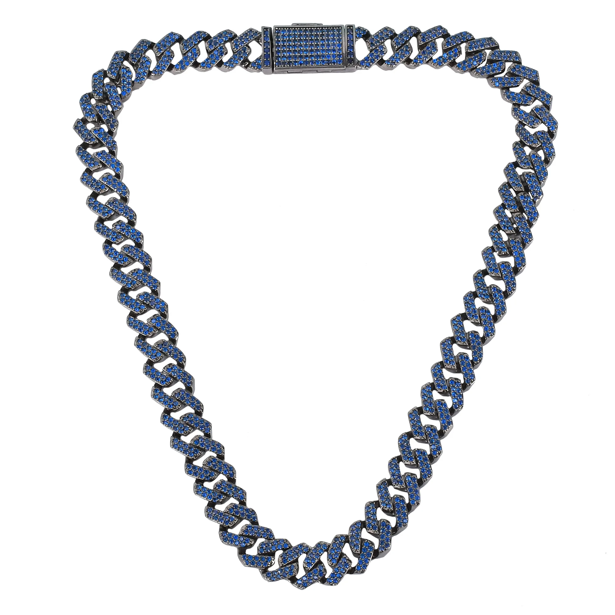 10MM Blue Zircon Miami Cuban Necklace Gun Black Color Plated Copper Chain Men's Hip Hop Link Bling Fashion Rock Jewelry