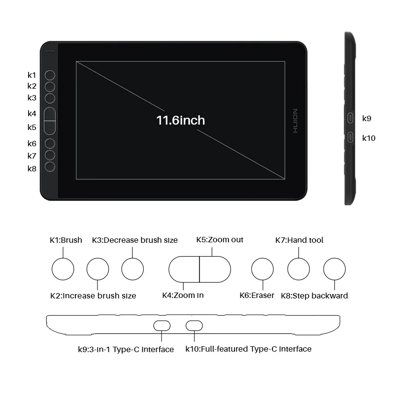 HUION Kamvas 12 Graphic Tablet Monitor Portable 11.6 Inch Anti-glare Screen Drawing Pen Display Support Windows Android MacOS