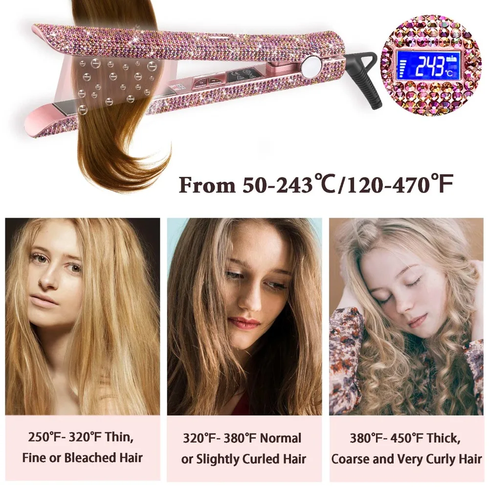 Hair Straightener Curler Bling Diamond Flat Iron Rhinestone Straightening Irons Professional High Heat 470℉ Salon Styling Tools