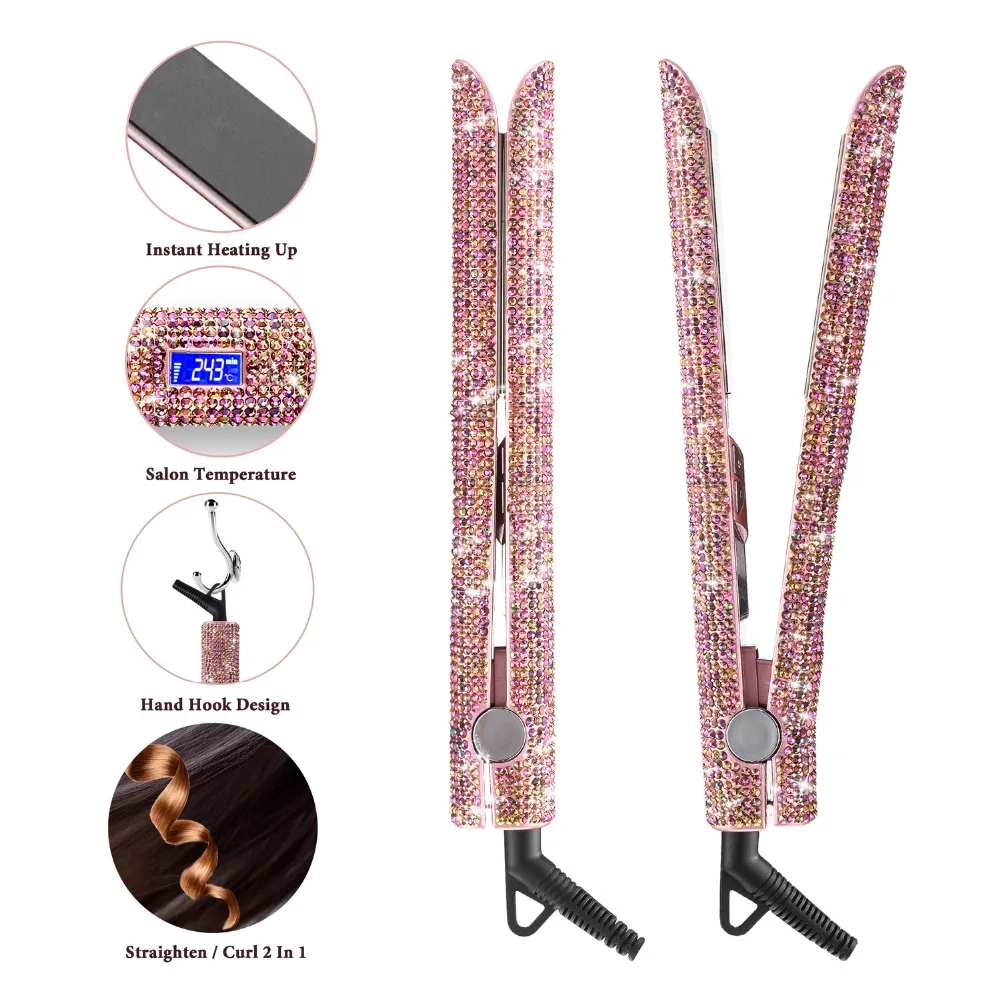 Hair Straightener Curler Bling Diamond Flat Iron Rhinestone Straightening Irons Professional High Heat 470℉ Salon Styling Tools