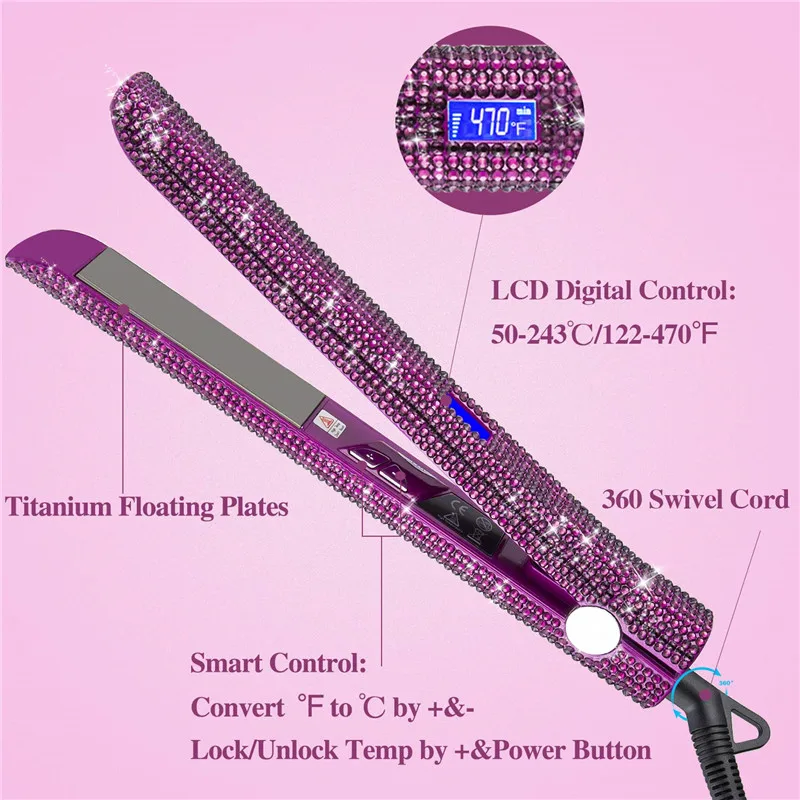 Hair Straightener Curler Bling Diamond Flat Iron Rhinestone Straightening Irons Professional High Heat 470℉ Salon Styling Tools
