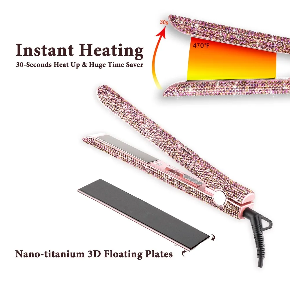 Hair Straightener Curler Bling Diamond Flat Iron Rhinestone Straightening Irons Professional High Heat 470℉ Salon Styling Tools