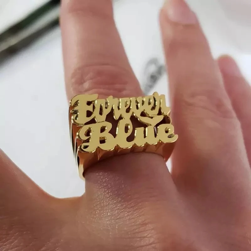 Personalized Ring Name Rings Personalized Letter Gold-Plated Personalized Carved Double Finger Name Ring