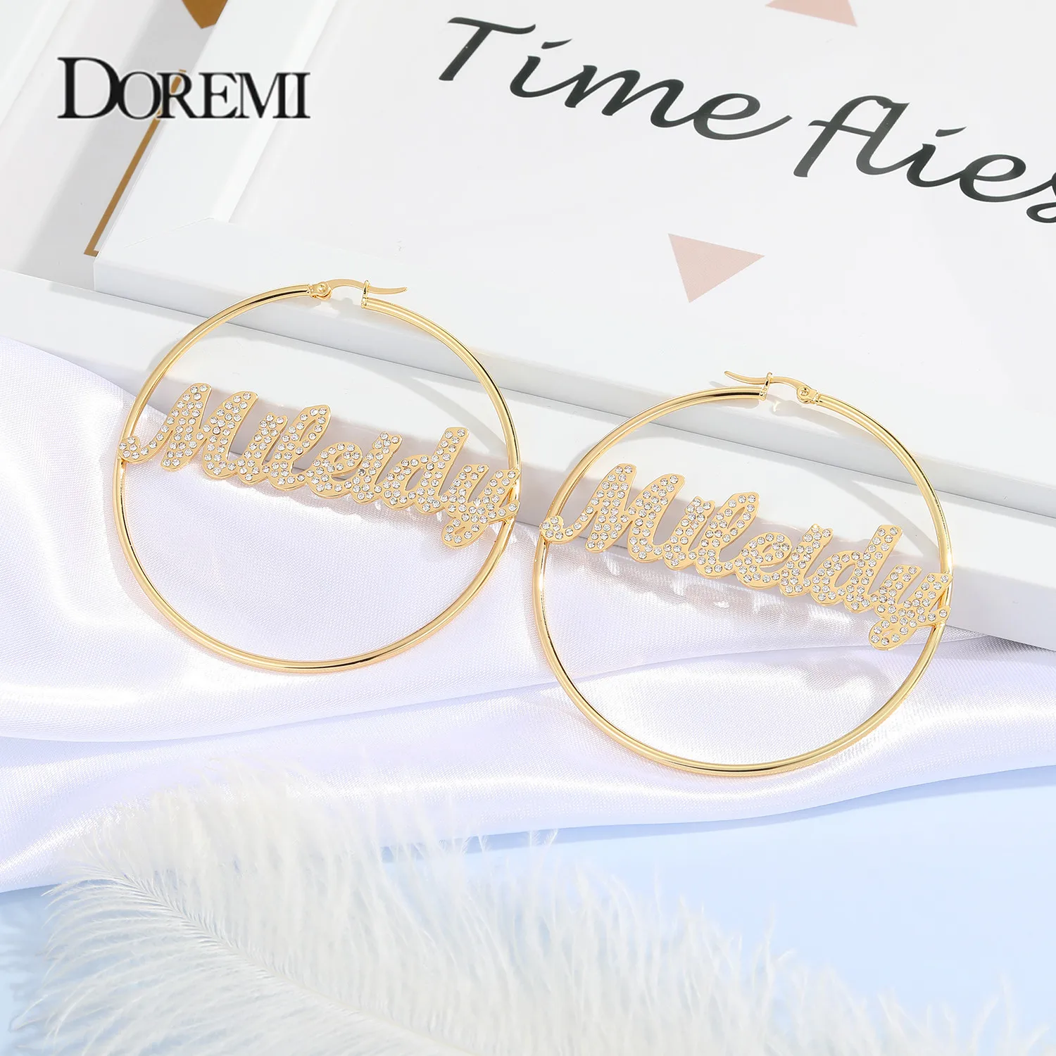 DOREMI Stainless Name Hoops Earrings Custom Big Hoop Crystal Earrings Letter Personalized Earring Women Valentine's Day Gift