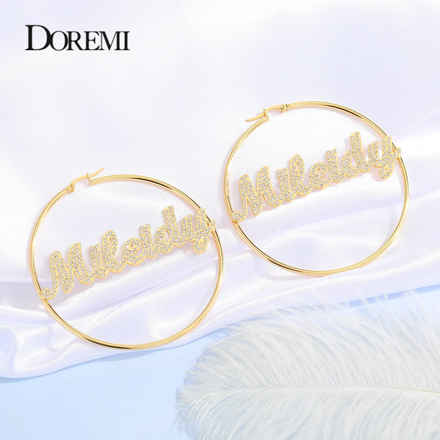 DOREMI Stainless Name Hoops Earrings Custom Big Hoop Crystal Earrings Letter Personalized Earring Women Valentine's Day Gift