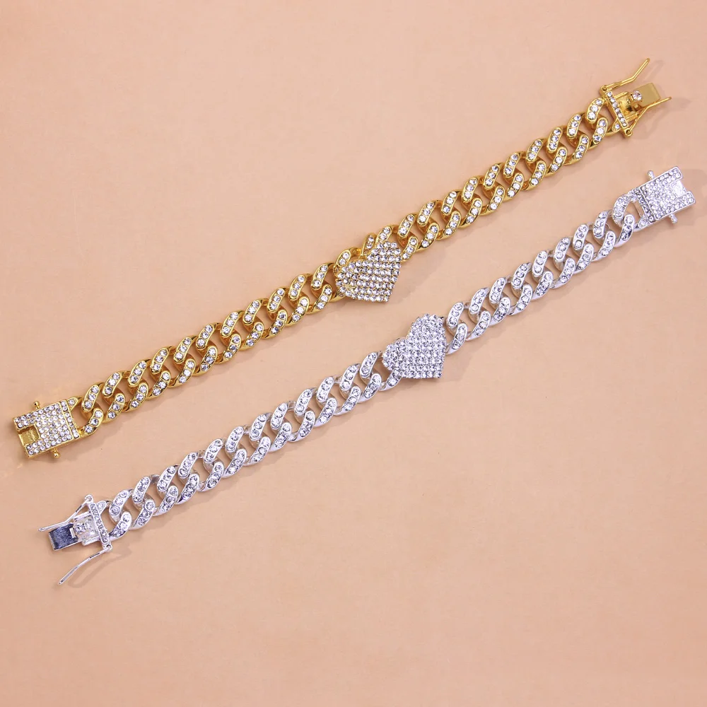 Fashion Hip Hop Crystal Heart-Shaped Anklet for Women Bracelet Men Miami Cuban Link Anklet Chunky Wholesale Foot Chain Iced Out