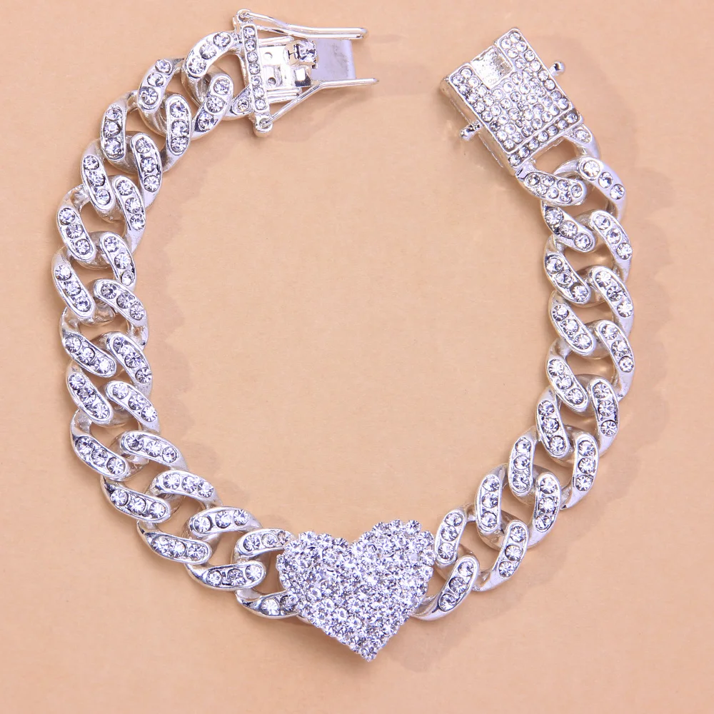 Fashion Hip Hop Crystal Heart-Shaped Anklet for Women Bracelet Men Miami Cuban Link Anklet Chunky Wholesale Foot Chain Iced Out