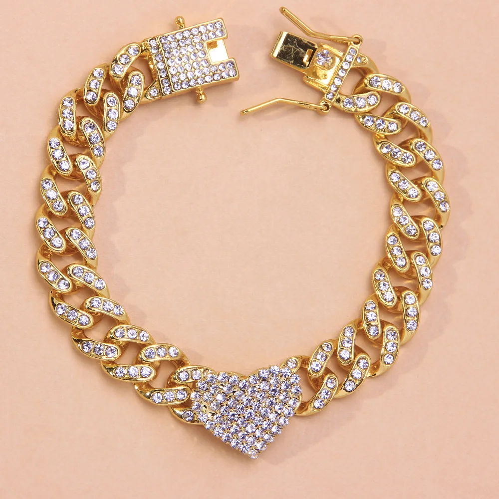 Fashion Hip Hop Crystal Heart-Shaped Anklet for Women Bracelet Men Miami Cuban Link Anklet Chunky Wholesale Foot Chain Iced Out