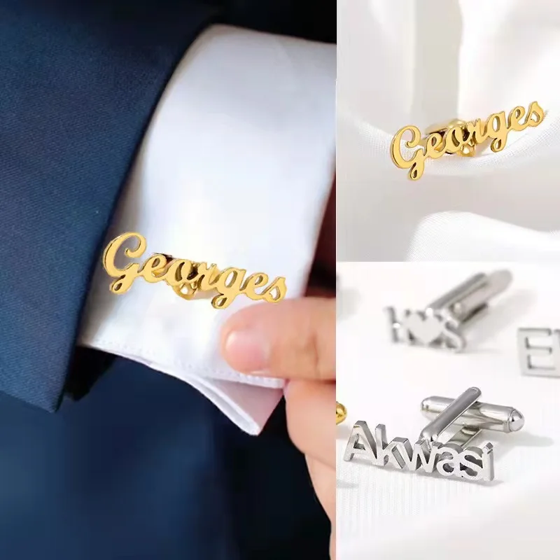 Customized Name Cufflinks for Women Personalized Gold color Stainless Steel Men's French Shirt Cufflinks Christmas Gifts For Men
