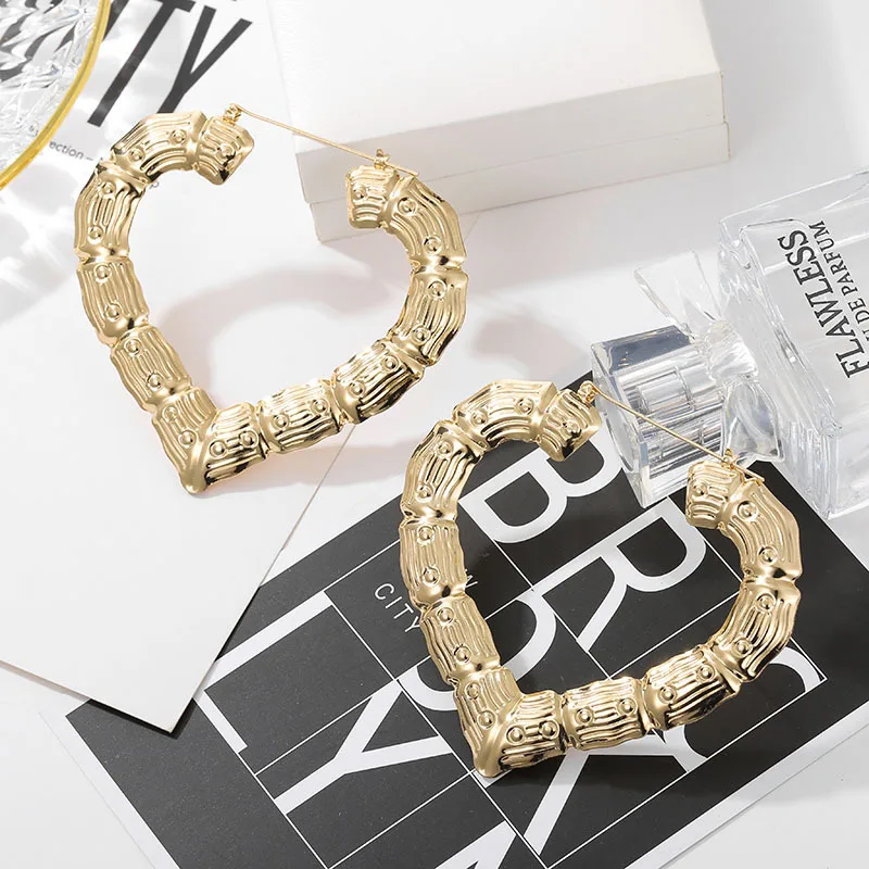 30-90mm Trendy Heart Bamboo Plain Hoop Earrings no name Women Female Gold Silver Color Color Classic Jewelry