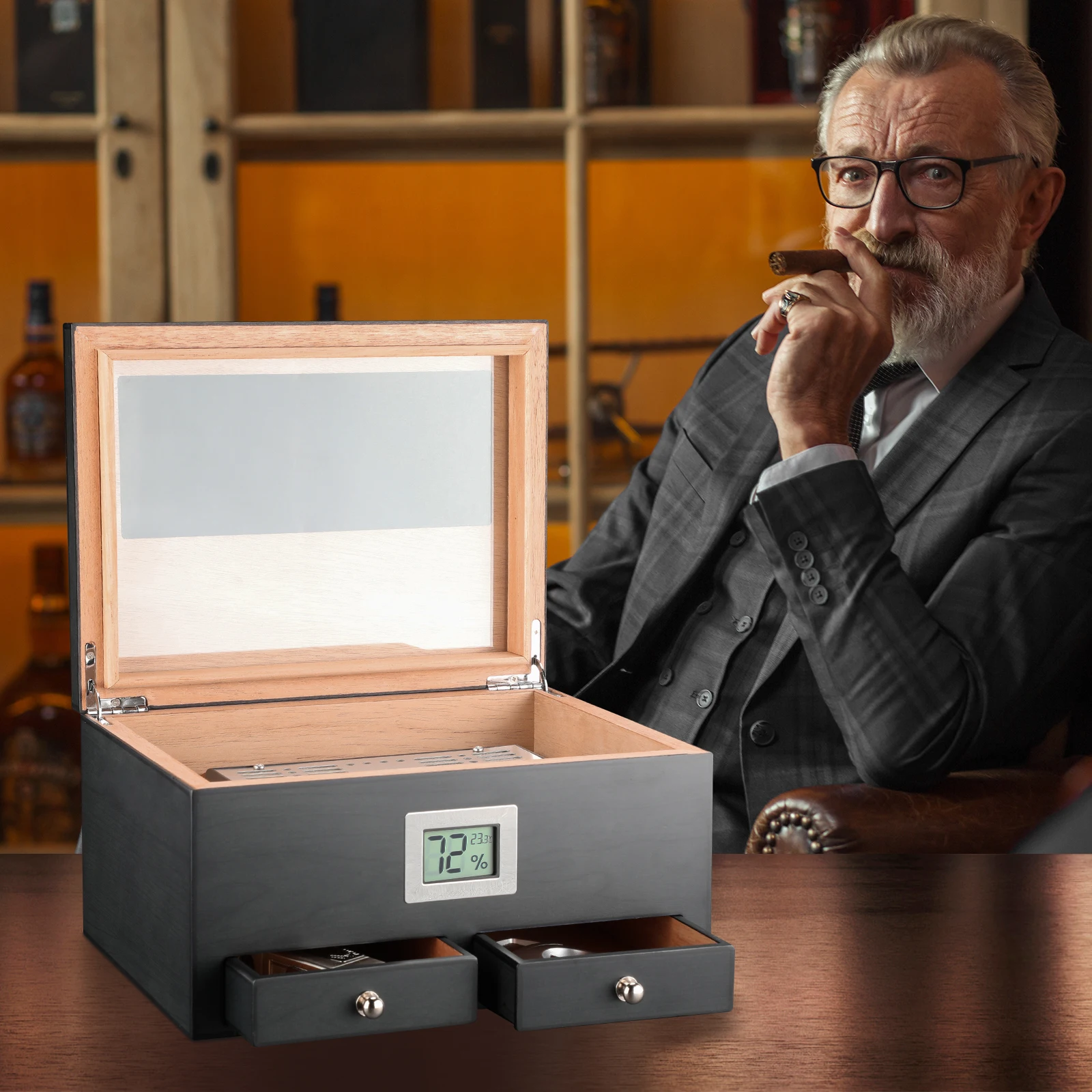 XIFEI Cigar Humidor With Hygrometer Humidifier 2 Drawers Cedar Wood Portable Humidor Box Cigar Case Fit 25-50 Cigars Cabinet