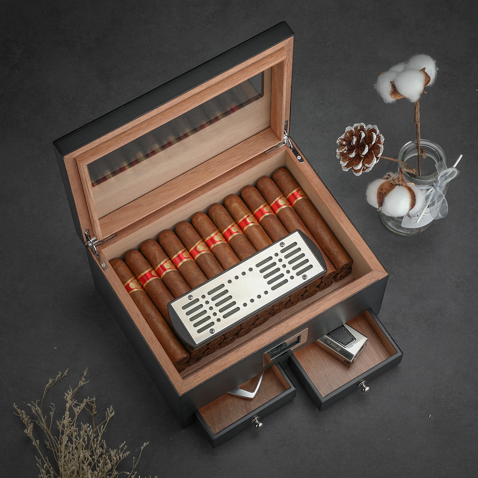 XIFEI Cigar Humidor With Hygrometer Humidifier 2 Drawers Cedar Wood Portable Humidor Box Cigar Case Fit 25-50 Cigars Cabinet