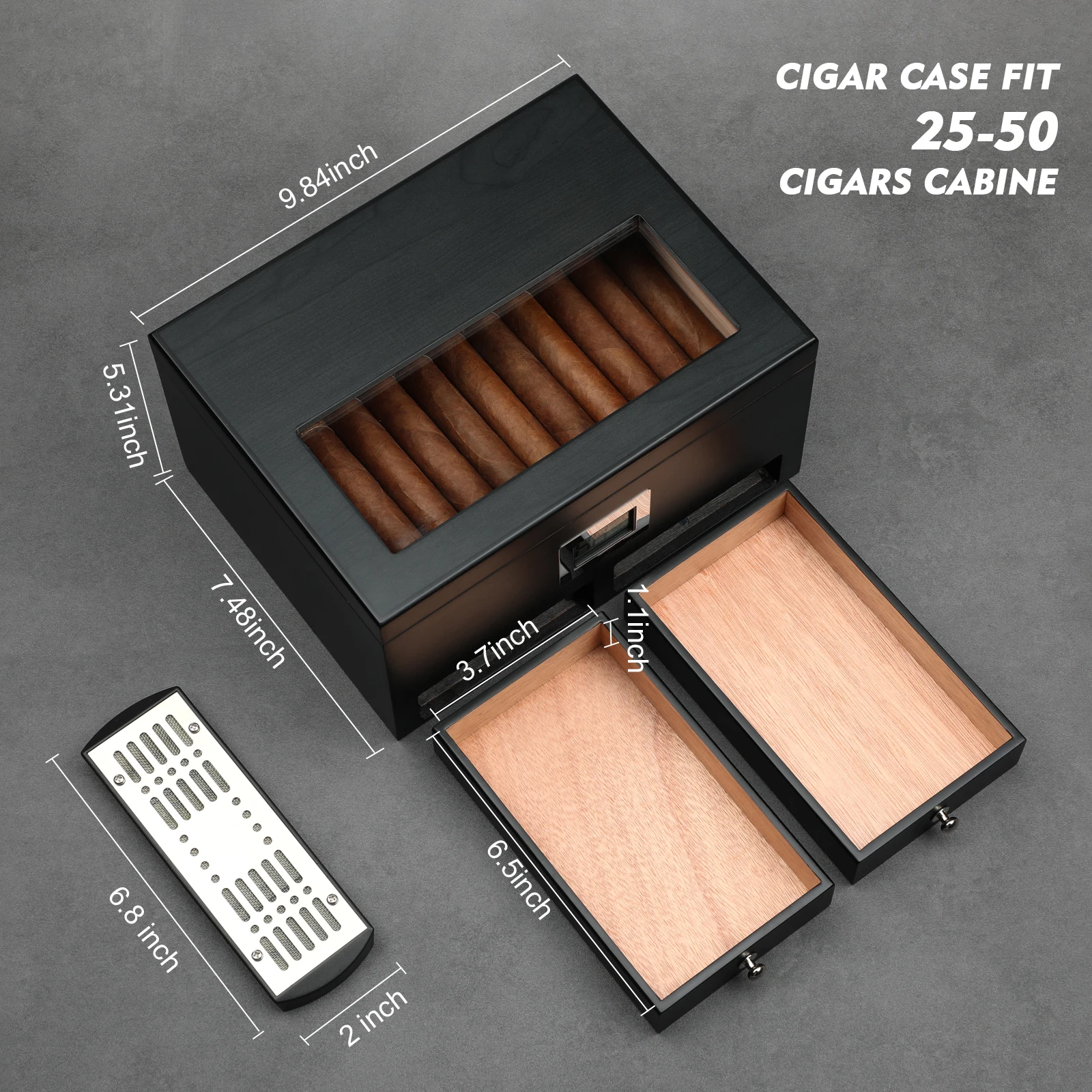 XIFEI Cigar Humidor With Hygrometer Humidifier 2 Drawers Cedar Wood Portable Humidor Box Cigar Case Fit 25-50 Cigars Cabinet