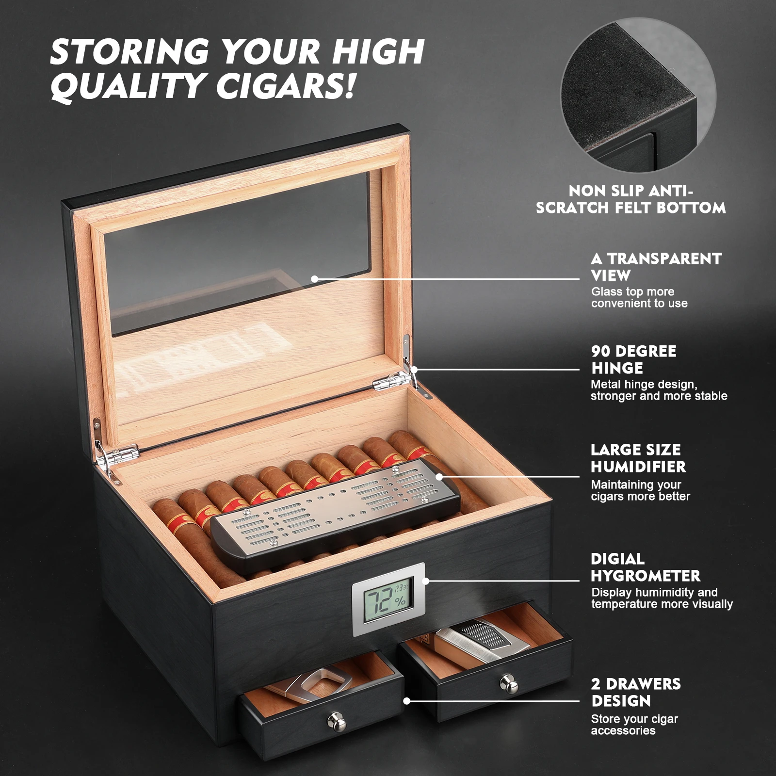 XIFEI Cigar Humidor With Hygrometer Humidifier 2 Drawers Cedar Wood Portable Humidor Box Cigar Case Fit 25-50 Cigars Cabinet