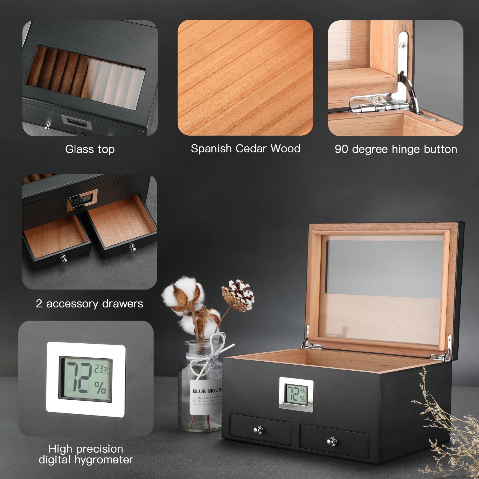 XIFEI Cigar Humidor With Hygrometer Humidifier 2 Drawers Cedar Wood Portable Humidor Box Cigar Case Fit 25-50 Cigars Cabinet