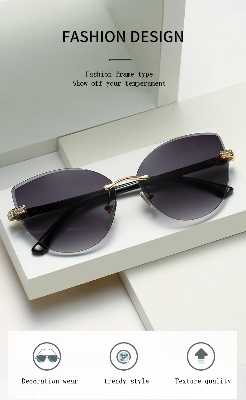 Vintage Cat Eye Rimless Sunglasses Women Brand Frameless Gradient Cut Lens Shade Eyewear Trendy Oversized Men Sun Glasses Female