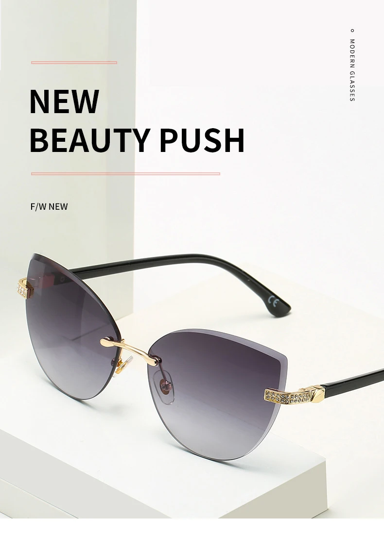 Vintage Cat Eye Rimless Sunglasses Women Brand Frameless Gradient Cut Lens Shade Eyewear Trendy Oversized Men Sun Glasses Female