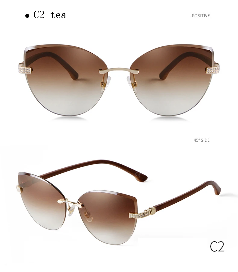 Vintage Cat Eye Rimless Sunglasses Women Brand Frameless Gradient Cut Lens Shade Eyewear Trendy Oversized Men Sun Glasses Female