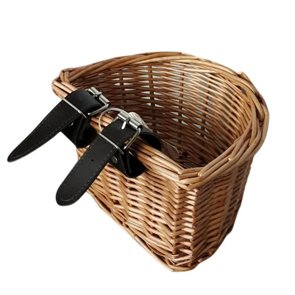 Wicker Bike Basket Cargo Bag Child Bicycle Front Handlebar Mount Basket Hand-woven Rattan Bicycle Storage Holder for BIke Part
