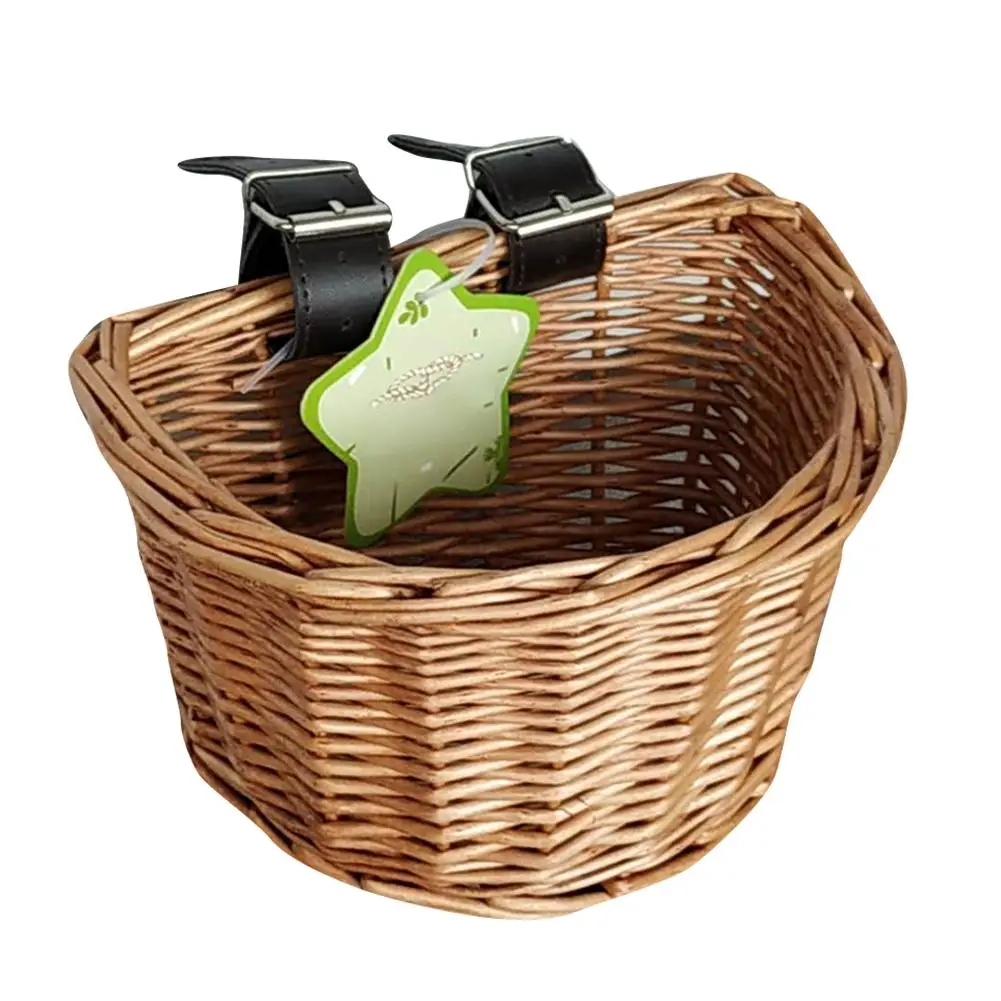 Wicker Bike Basket Cargo Bag Child Bicycle Front Handlebar Mount Basket Hand-woven Rattan Bicycle Storage Holder for BIke Part