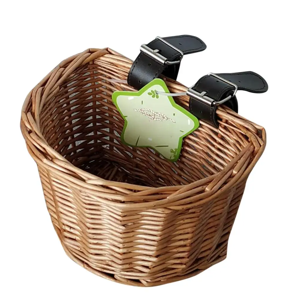 Wicker Bike Basket Cargo Bag Child Bicycle Front Handlebar Mount Basket Hand-woven Rattan Bicycle Storage Holder for BIke Part