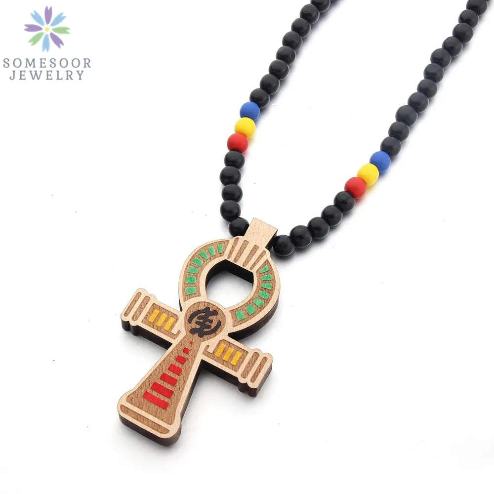 SOMESOOR Adinkra Symbol African Wooden Pendant Necklace Afro Ethnic Elastic Handmade DIY Wood Beads Chain Jewelry For Women Gift