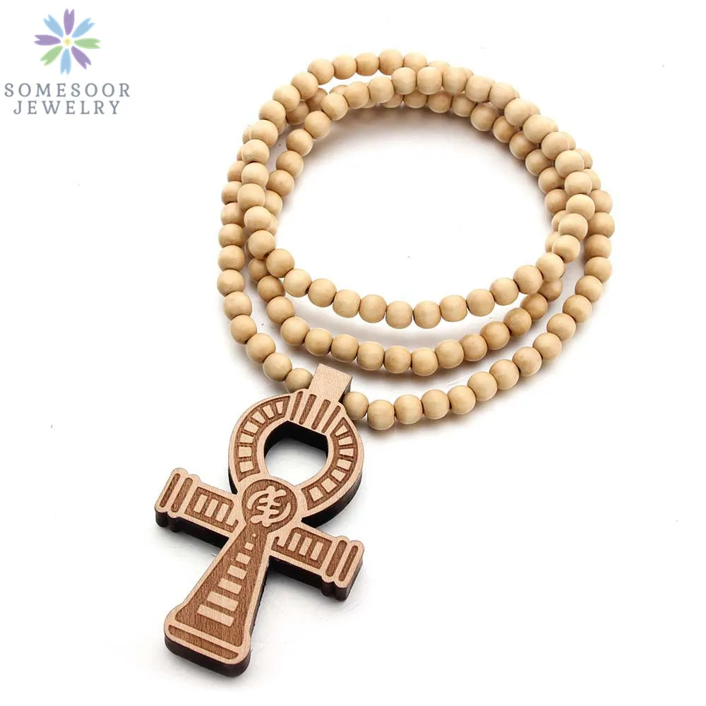 SOMESOOR Adinkra Symbol African Wooden Pendant Necklace Afro Ethnic Elastic Handmade DIY Wood Beads Chain Jewelry For Women Gift