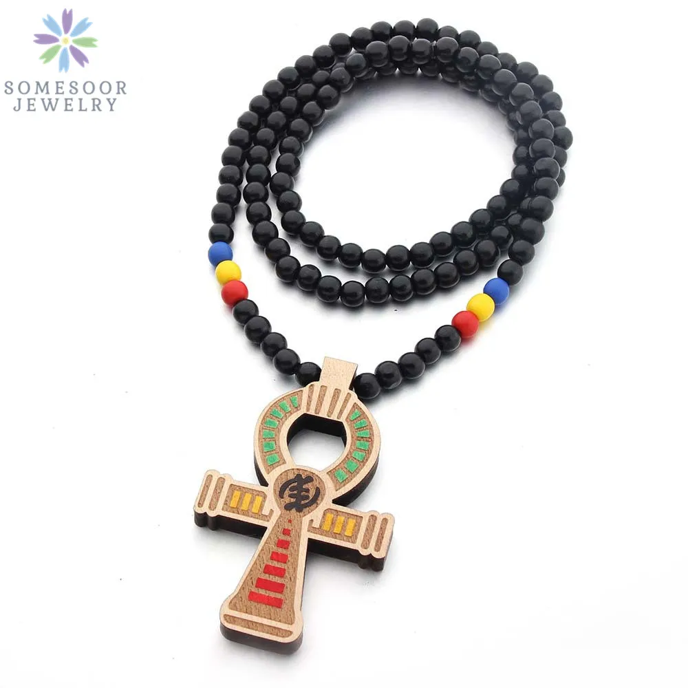 SOMESOOR Adinkra Symbol African Wooden Pendant Necklace Afro Ethnic Elastic Handmade DIY Wood Beads Chain Jewelry For Women Gift