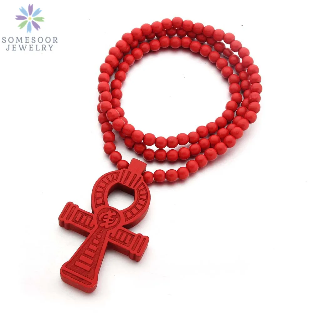 SOMESOOR Adinkra Symbol African Wooden Pendant Necklace Afro Ethnic Elastic Handmade DIY Wood Beads Chain Jewelry For Women Gift
