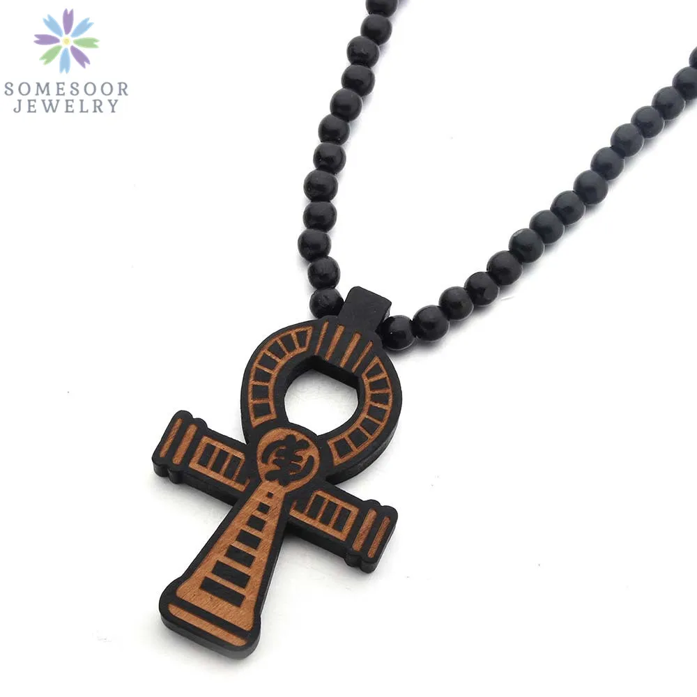 SOMESOOR Adinkra Symbol African Wooden Pendant Necklace Afro Ethnic Elastic Handmade DIY Wood Beads Chain Jewelry For Women Gift