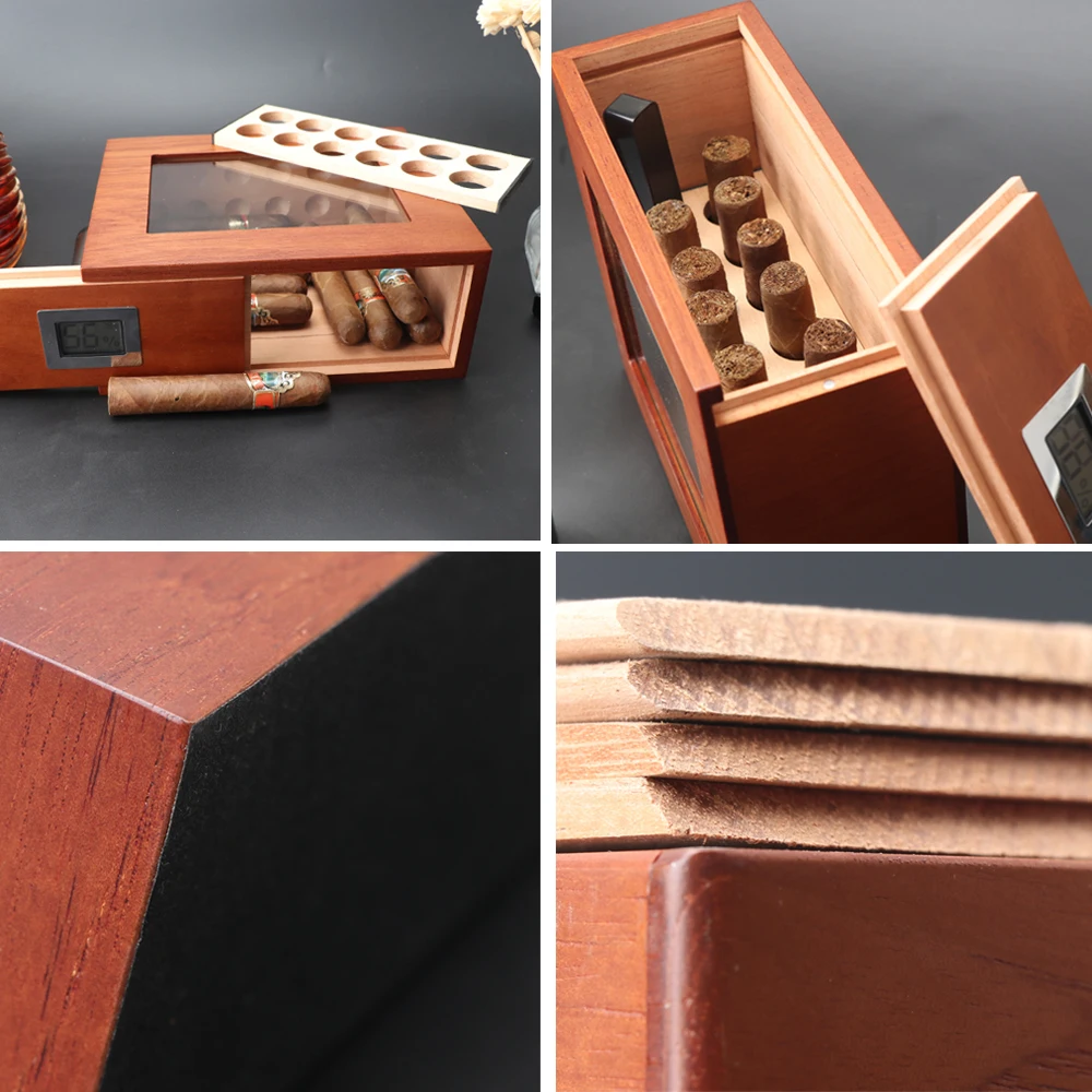 Xifei Wood Cigar Humidor Box Visible Glass Window Smoking Accessories Unique Design Cigarette Case With Hygrometer