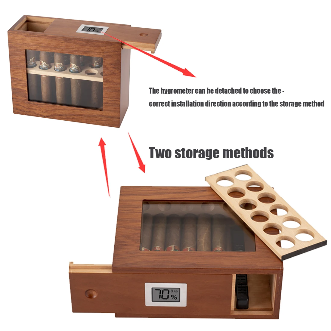 Xifei Wood Cigar Humidor Box Visible Glass Window Smoking Accessories Unique Design Cigarette Case With Hygrometer