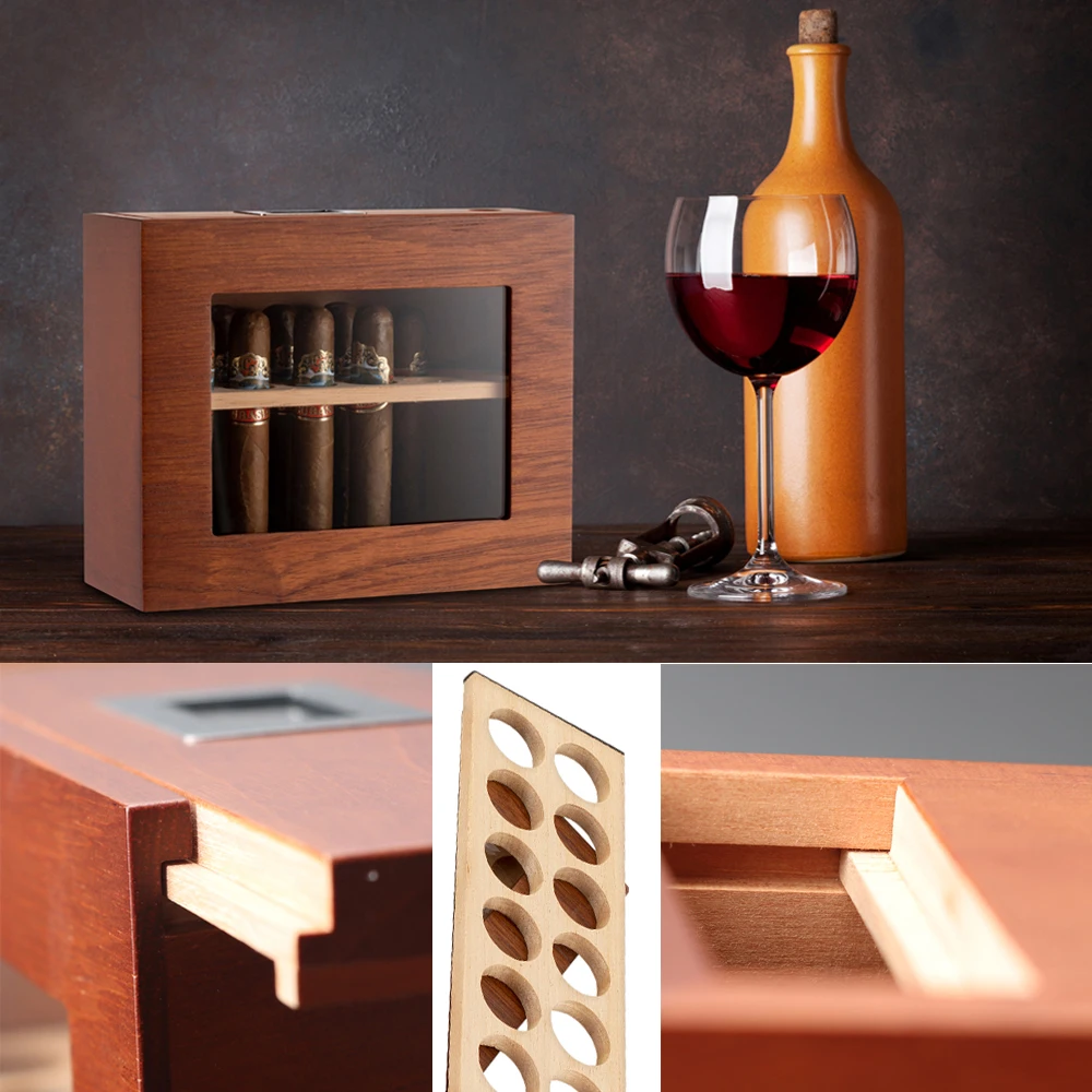 Xifei Wood Cigar Humidor Box Visible Glass Window Smoking Accessories Unique Design Cigarette Case With Hygrometer