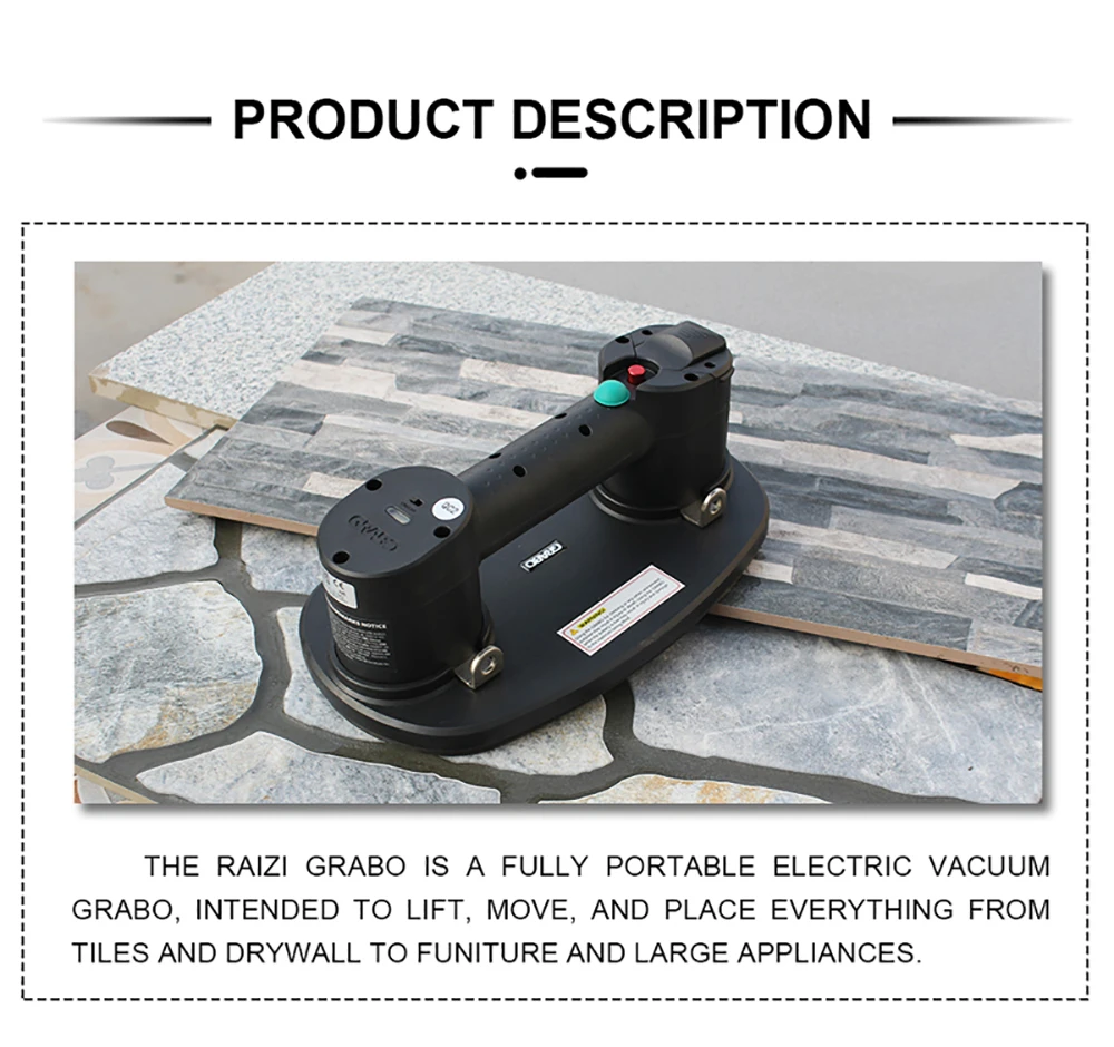 Raizi GRABO Electric Vacuum Suction Cup Liter For Granite Glass Large Format Tile Lifting Tool 170 kg Capacity NEMO GRBAO
