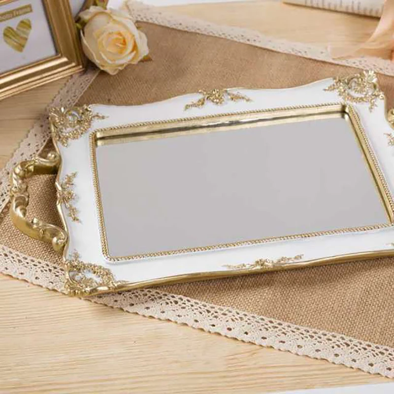 Mirror Glass Storage Tray Gold Rectangle Fruit Plate Desktop Jewelry Display Tray Plate Bathroom Storage Cosmetic Container