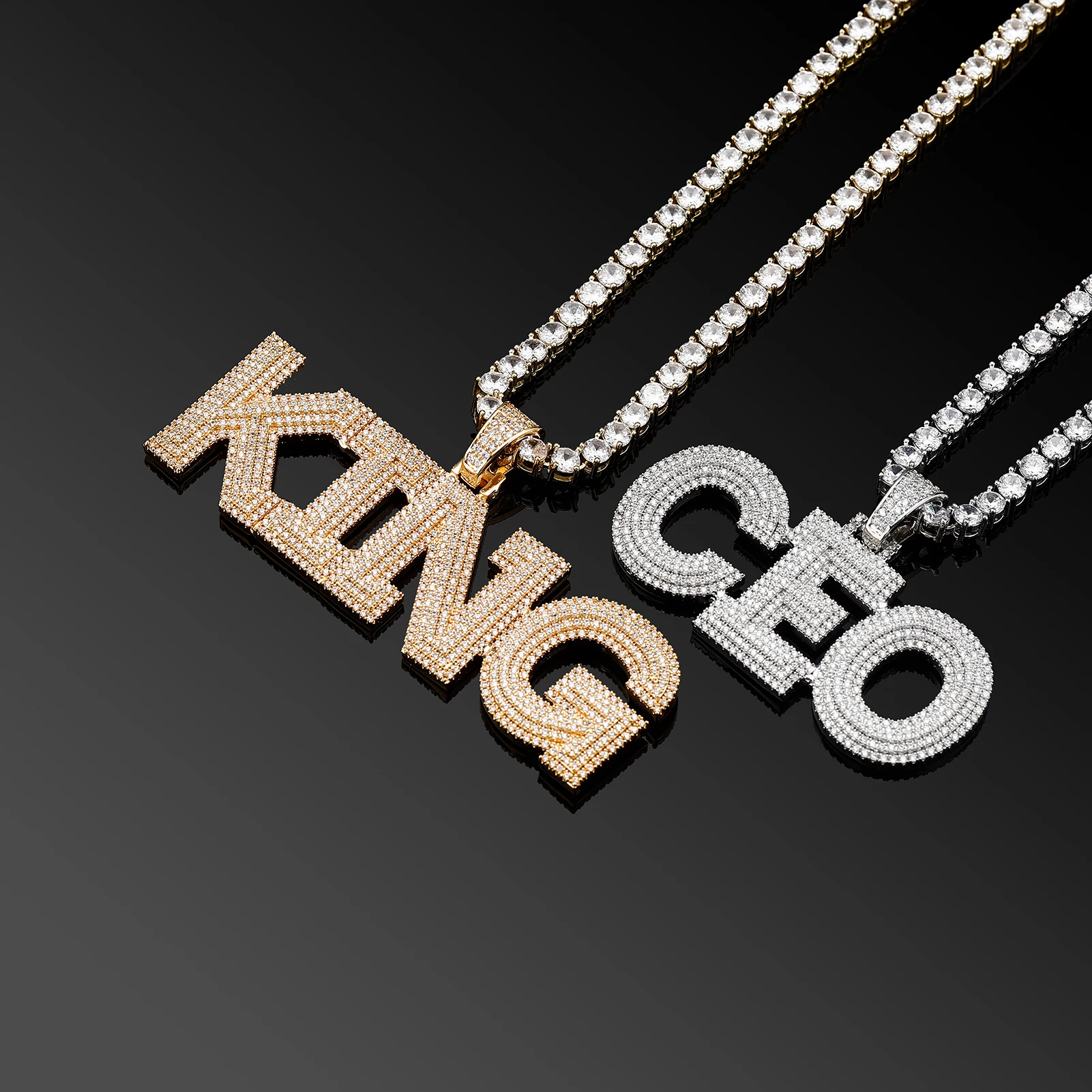 JINAO NEW Stitching Letter Charm Ice Cravejado Cubic Zircon Custom Letters With 4mm tennis chain Men and Women Jewelry For Gift