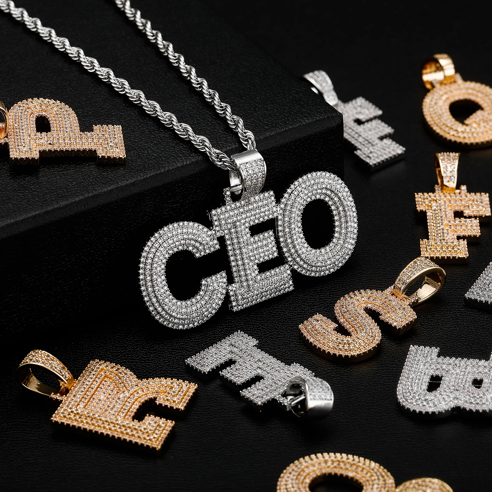 JINAO NEW Stitching Letter Charm Ice Cravejado Cubic Zircon Custom Letters With 4mm tennis chain Men and Women Jewelry For Gift