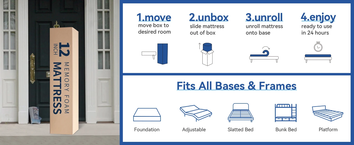 Hcore 12 Inch Queen Size Mattress,Bedroom Furniture Medium Firm to Firm Bamboo Memory Foam Mattress for Back Pain.